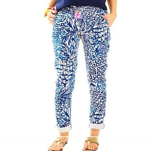 Lilly Pulitzer, New, Aden Linen Tassel Ankle Pants Indigo Home Slice SZ Small